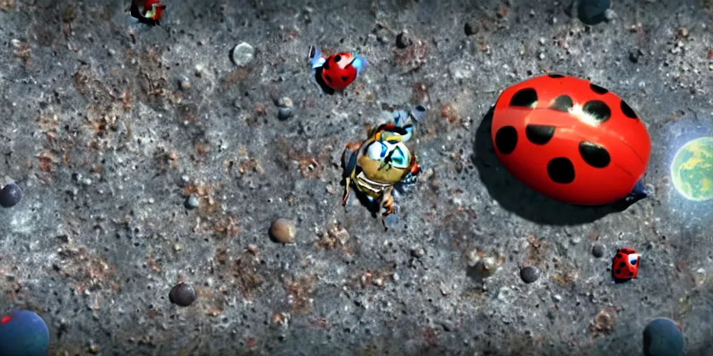 Image similar to a 3 d rendered movie still from a distance of 3 0 m of a ladybug 1 million years from now. the ladybug is sentient, wears tiny spacesuit, and conquered space exploration in a tiny space ship. science fiction blockbuster movie ladybugs rule the world, imax 7 0 mm. buzz lightyear.