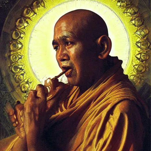 Prompt: highley detailed potrait of old srilankan buddhist monk liquid gold pouring outof mouth and eyes baroque style, painting by gaston bussiere, craig mullins, j. c. leyendecker, lights, art by ernst haeckel, john william godward, hammershøi,