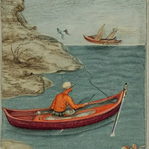 Prompt: highly detailed sketch of a man fishing on a tiny boat in the ocean by Maria Sibylla Merian