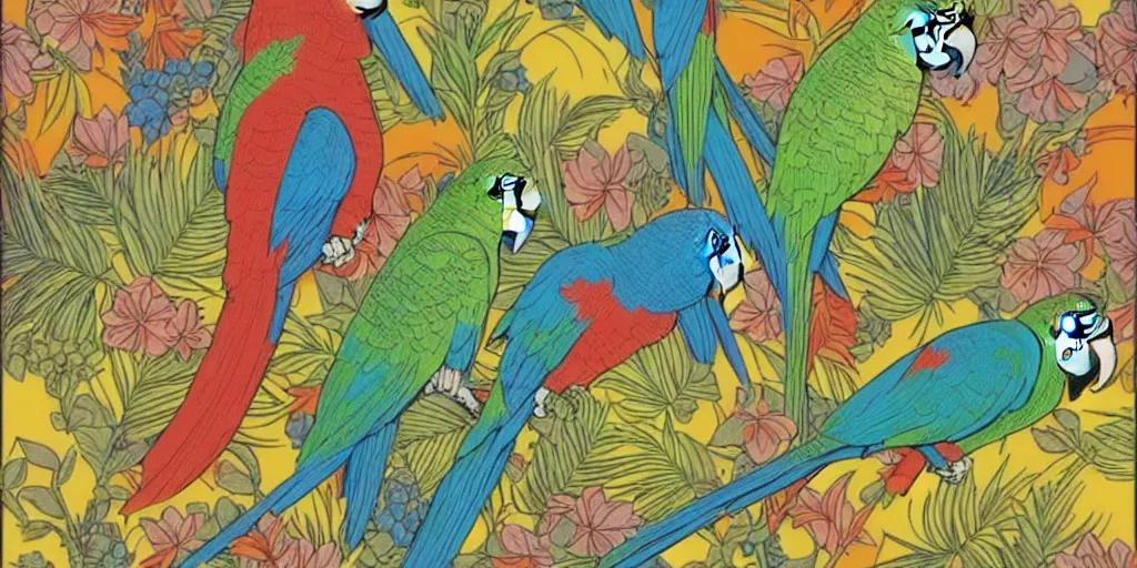 Prompt: colorful print of parrots bunched botanical artwork, multicolor lino block print with vignettes, created by mike mignola, greg hildebrandt, banksy in the style of painting toon shades, colorful ink, vibrant, pastel, color vector, smooth curves, graphical, detailed, trending in art station 1 1 1!!!!!