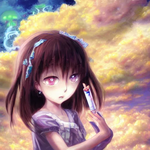 Image similar to big eyed shoggoth anime-girl smoking a cigarette hyperreality painting by amano yoshitaka, lilia alvarado 8k hd hyperdetailed