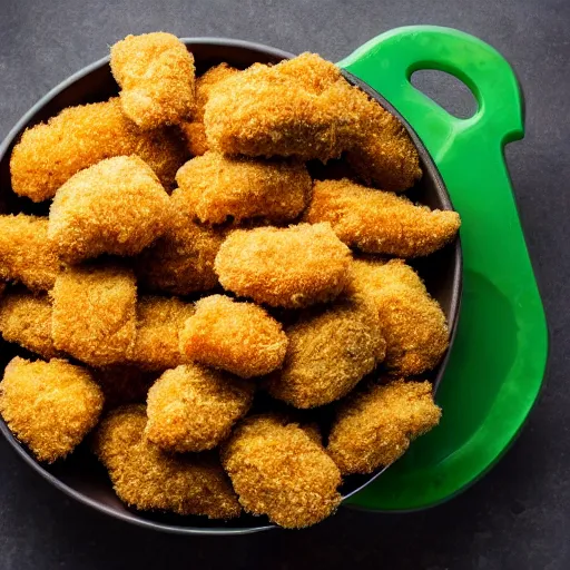 Prompt: rotten human hand picking up a moldy, rotten, green chicken nugget in a bowl of chicken nuggets, hd, 4k image