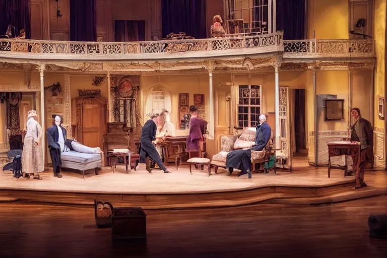 Prompt: photo of a huge theaterstage, play is who's afraid of virginia woolf, 3 actors on stage, 8 k, multicolored, exaggerated detailed, long shot