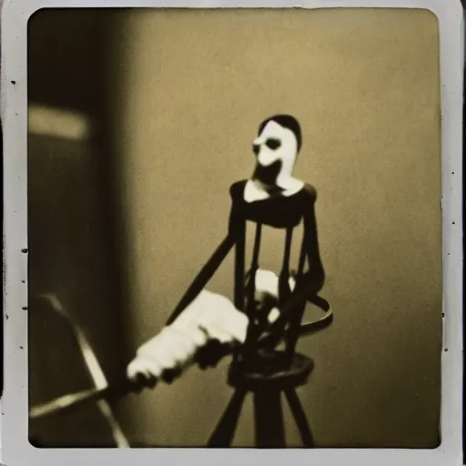 Image similar to female alive, creepy marionette puppet, horrific, unnerving, clockwork horror, pediophobia, lost photograph, dark, forgotten, final photo found before disaster, human laying unconscious in the background, polaroid,