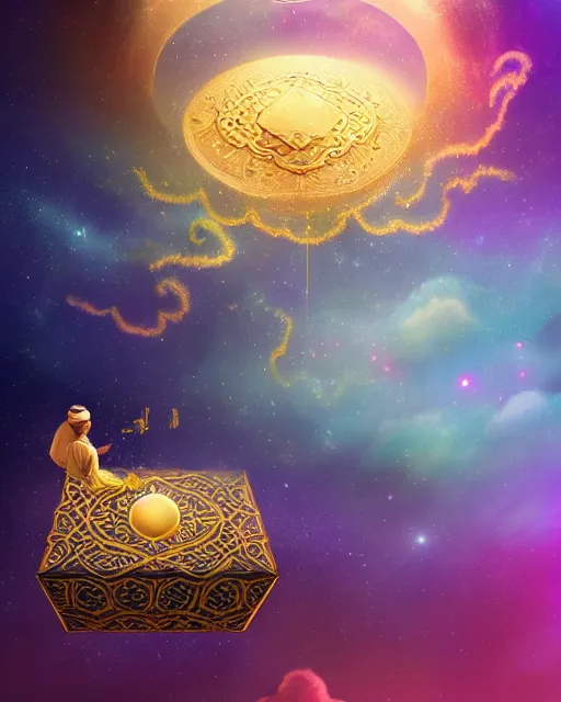 Image similar to the quran descending from the galaxy into clouds highly detailed, gold filigree, romantic storybook fantasy, soft cinematic lighting, award, pastel color palette, featured on artstation, digital art