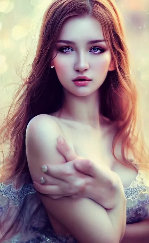 Image similar to a gorgeous russian female photo, bokeh, beautiful face, professionally retouched, soft lighting, realistic, smooth face, full body shot, torso, dress, perfect eyes, sharp focus on eyes, 8 k, high definition, insanely detailed, intricate, elegant, art by artgerm and kyoung hwan kim