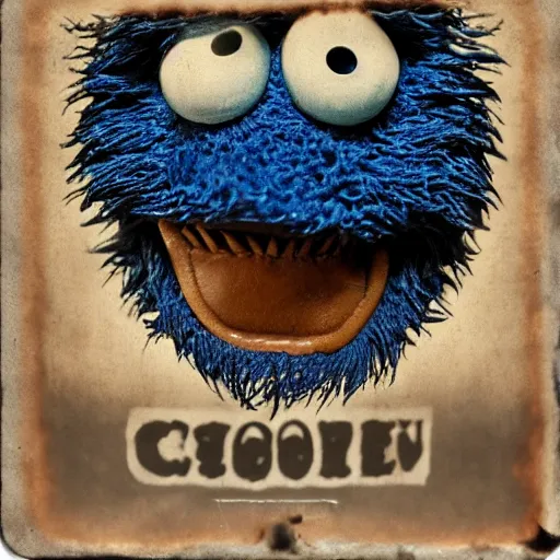 Image similar to creepy cookie monster, with evil grin, tintype, realistic.