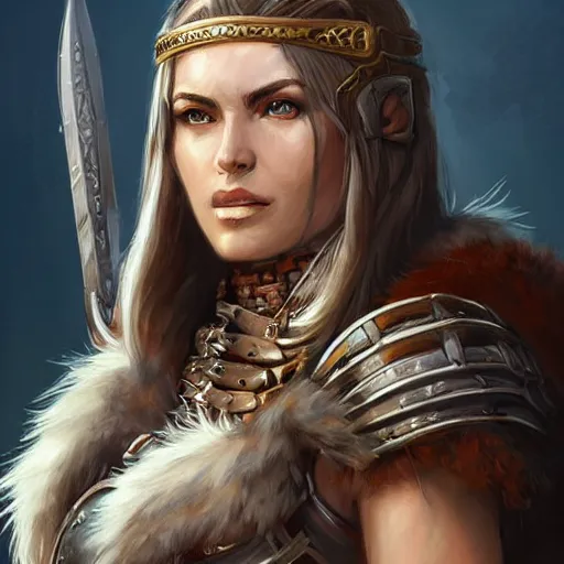 Prompt: female barbarian warrior, fully covered in armor and furs, art by artgerm and greg rutkowski and magali villeneuve, d & d, fantasy, portrait, highly detailed, headshot, digital painting, trending on artstation, concept art, sharp focus, illustration