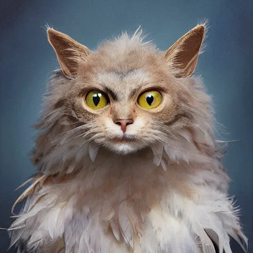 Image similar to portrait character design, a cute feathered cat, feline bird hybrid, feathers plumage, plumed by brian froud, portrait studio lighting by jessica rossier and brian froud