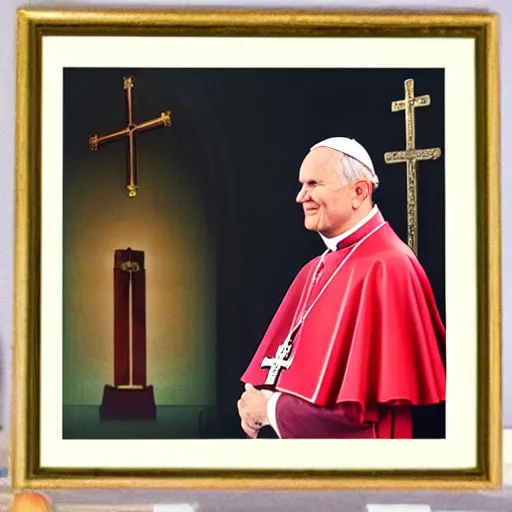 Prompt: colorful portrait of pope john paul ii standing in a church, wearing papal tiara in art nuevo