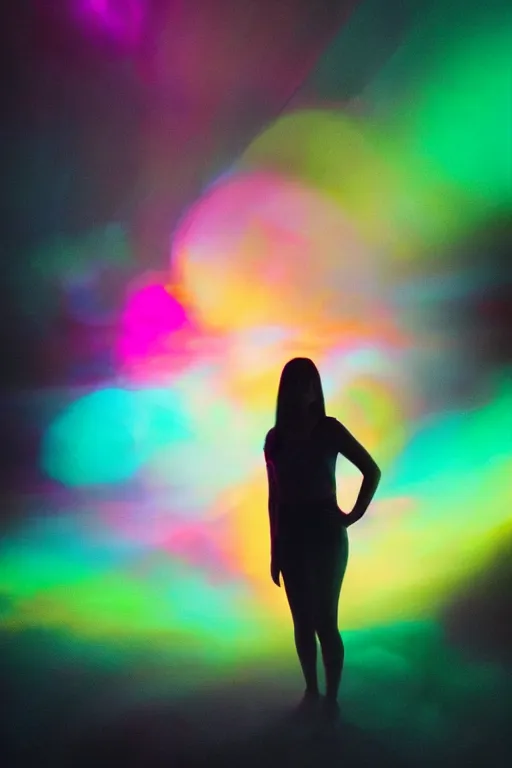 Image similar to human silhouette, large diffused colorful glowing aura, long exposure, film grain, cinematic lighting, maximum detail, art by janice sung