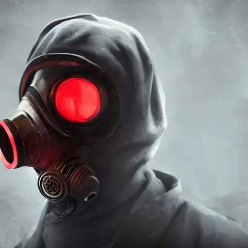 Prompt: hooden villain wearing a gas mask with red goggles, smoke coming out of his long coat, dark background, wall with graffiti, unreal engine 5, ultra realistic, detailed, fog, by greg rutkowski