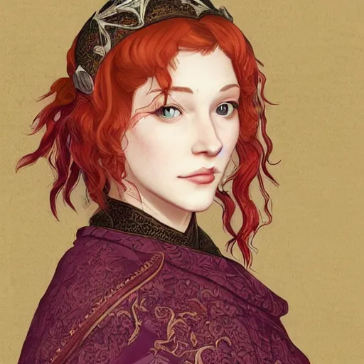 Prompt: a beautiful portrait of teenage christina hendricks as a medieval noblewoman, fantasy, intricate, elegant, highly detailed, digital painting, artstation, concept art, matte, sharp focus, illustration, by hokusai and jeong seon