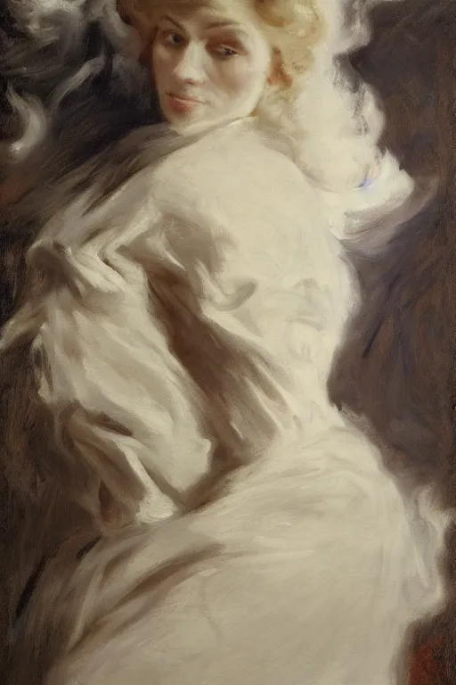 Image similar to 4k Detailed portrait by John Singer Sargent of A woman shrouded in a cloud of smoke