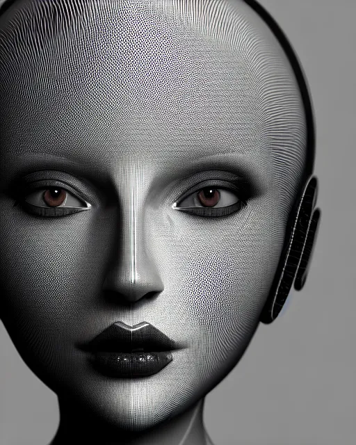 Image similar to mythical black and white organic bio-mechanical spinal ribbed face portrait detail of mechanical beautiful female angelic-vegetal-cyborg, highly detailed, intricate ornate, poetic, 3D render, digital art, octane render, 8K artistic photography, photo-realistic, by Man Ray