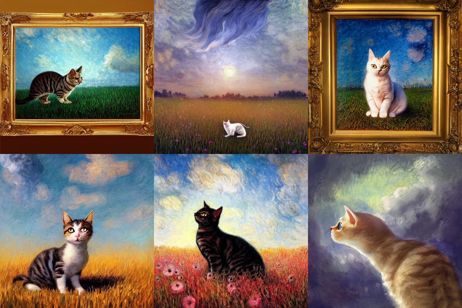 Prompt: A painting of a cat under the sky in a field, by ((Leonardo da Vinci, Ross Tran, Claude Monet)), cgsociety, Trending on Artstation