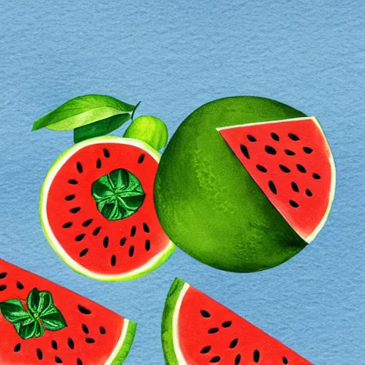 Image similar to hd retro illustration of watermelons and lemons, inspired by watercolor painting masterpieces