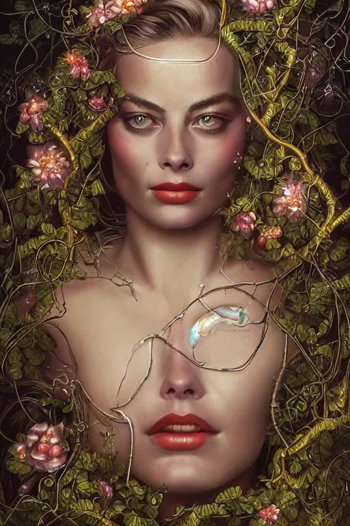 Image similar to a beautiful ultradetailed vintage photo of margot robbie as a cybernetic cyborg, by tom bagshaw and natalie shau, portrait, vignette, 3 5 mm lens, golden ratio composition, detailed faces, studio photography, very detailed, robot overgrown with flowery vines, artstation, 8 k, highly coherent