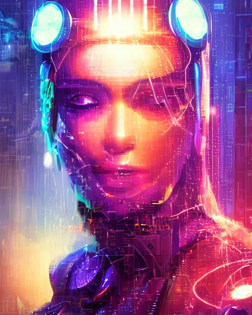 Prompt: a cyberpunk close up portrait of enchanting cyborg cleopatra, electricity, rainbow, sparks, bokeh, soft focus, sparkling, glisten, water drops, cold, dark, geometric, temples behind her, by paul lehr, jesper ejsing