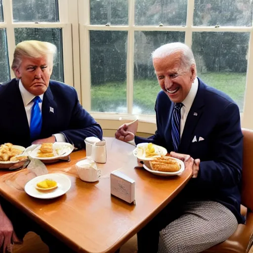 Image similar to photograph of trump and Biden sitting and eating breakfast at a Wafflehouse