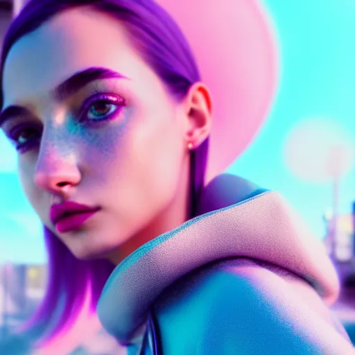 Image similar to selfie of a young woman, winged eyeliner, pastel clothing, urban environment, depth of field, octane render, photorealistic, trending on artstation