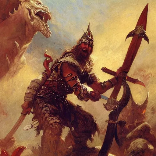 Prompt: viking berserker with a two - meter two - handed sword fighting a dragon, painting by gaston bussiere, craig mullins, j. c. leyendecker