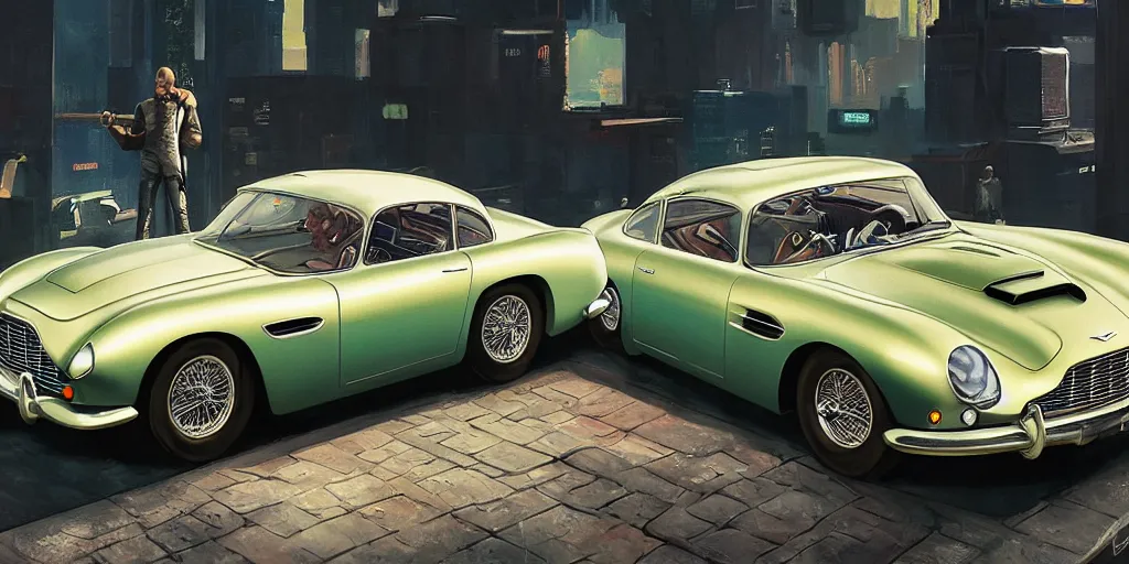 Image similar to art style by Ben Aronson and Edward Hopper and Syd Mead, wide shot view of the Cyberpunk 2077, on ground level. full view of the Aston Martin DB4 1958 with wide body kit modification and dark pearlescent holographic paint, has gullwing doors open.