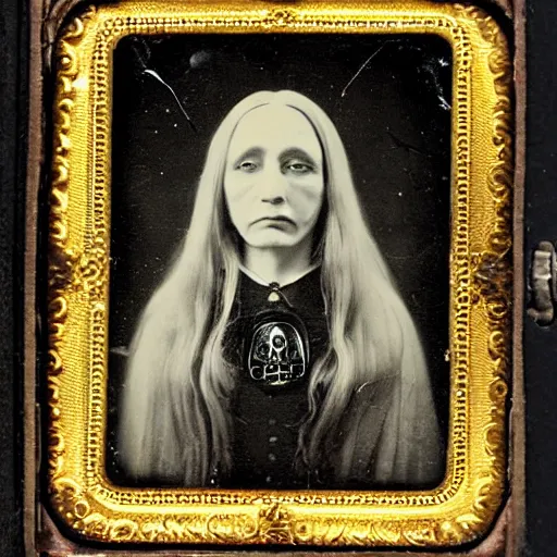 Prompt: daguerreotype ambrotype of the witch with terror aspect, memento mori, very detailed, morticia, black cat