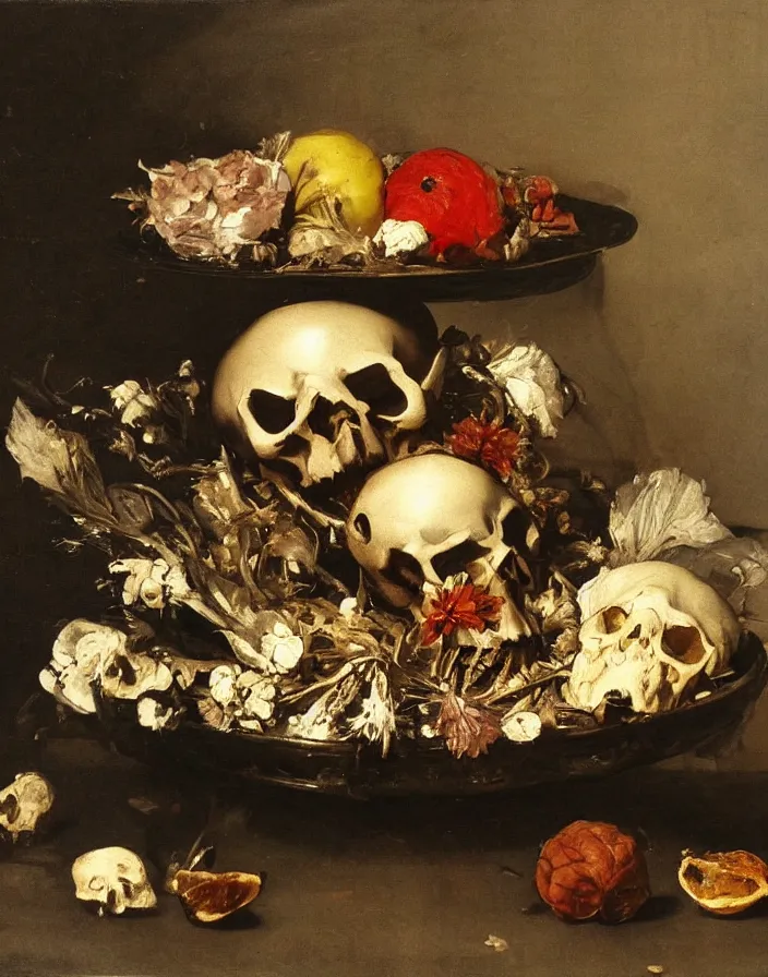 Prompt: beautiful still life oil painting with one skull on a silver platter surrounded by dead flowers and rotten fruit, light from one candle by Diego Velázquez and francisco goya, anatomical, realistic, wet, slimy