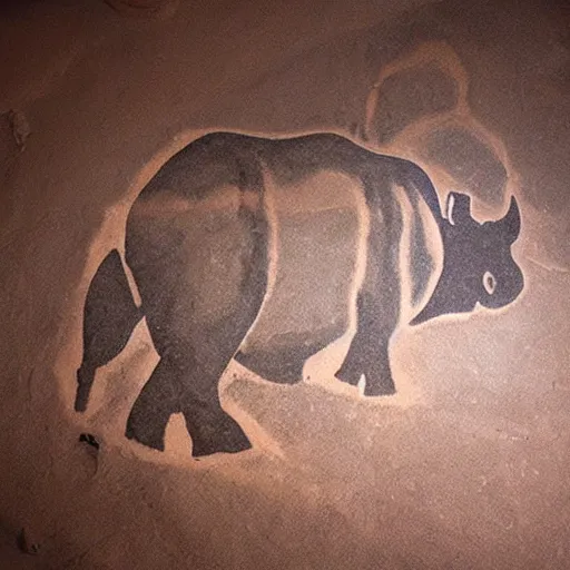 Prompt: cave painting of rhino, cave art, flash photography