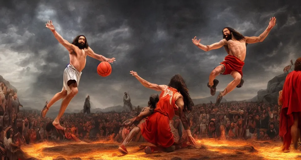 Image similar to biblical scene of jesus dunking a basketball versus satan, michaelangelo, matte painting, concept art, 4 k