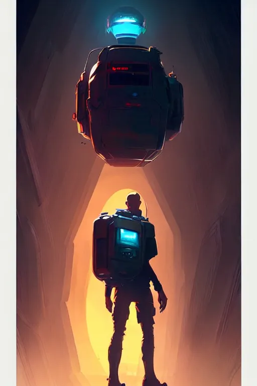 Image similar to greg rutkowski travel poster science fiction futuristic delivery boy