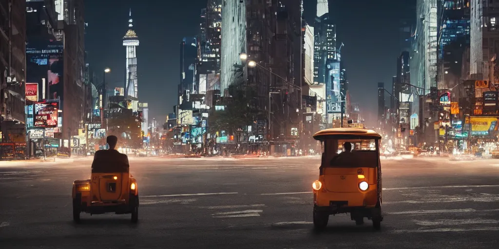 Prompt: a tuk tuk walking through a desolate manhattan city street at night statue of liberty seen in the background realistic 4 k octane beautiful