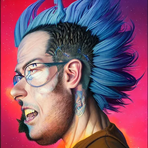 Image similar to dream mohawk projector portrait by gaston bussierre and charles vess and james jean and erik jones and rhads, inspired by rick and morty, epic, funny, huge scale, beautiful fine face features, intricate high details, sharp, ultradetailed