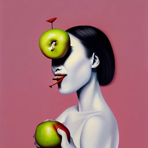 Prompt: a painting of a woman with an apple in her mouth, an ultrafine detailed painting by rafal olbinski, behance contest winner, pop surrealism, detailed painting, skeuomorphic, airbrush art