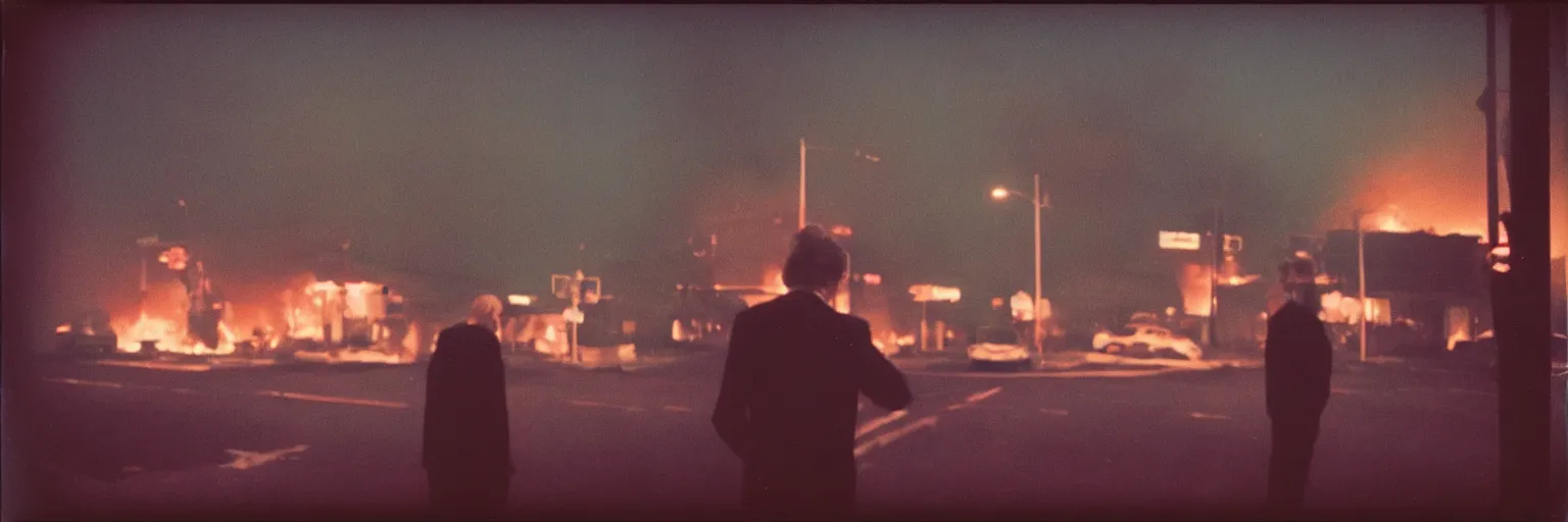 Image similar to 8 0 s polaroid photo, cinema still from david lynch movie, sleazy man watching night streets while a single house burns in the background of suburbia, haze, americana, high production value, 8 k resolution, hyperrealistic, hdr, photorealistic, high definition, high details, tehnicolor, award - winning photography, masterpiece, amazing colors