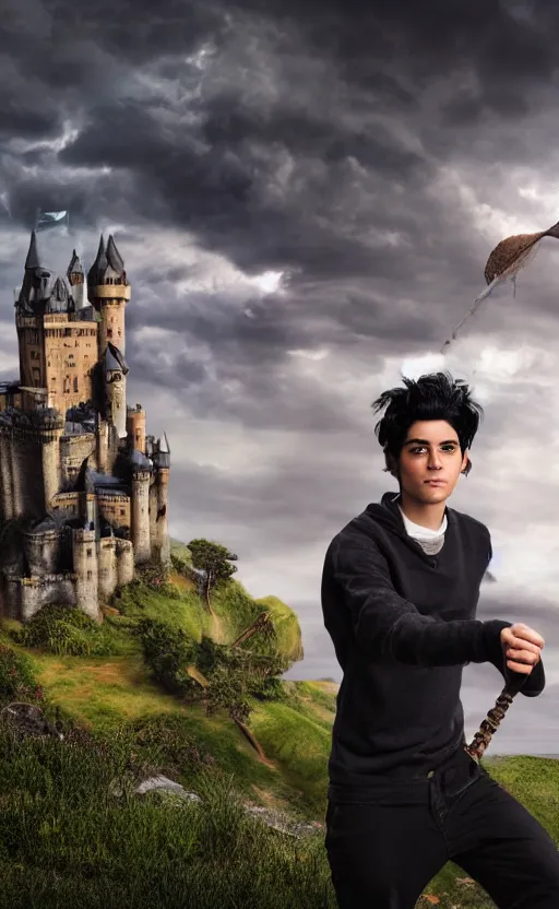 Prompt: portrait of young male wizard with black hair wearing a brown jerkin in front of a castle by the sea, photorealistic, dramatic lighting, intense clouds