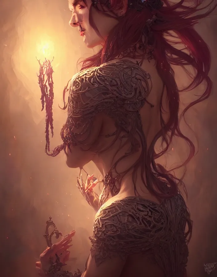 Image similar to Necromancer Sorceress, fantasy magic, undercut hairstyle, dark light night, intricate, elegant, sharp focus, illustration, highly detailed, digital painting, concept art, matte, art by WLOP and Artgerm and Greg Rutkowski and Alphonse Mucha, masterpiece