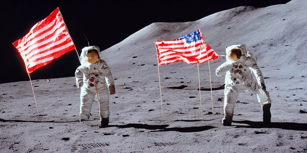 Image similar to colour photograph of the moon landing, astronauts with urss flag, spaceship, high resolution, very detailed