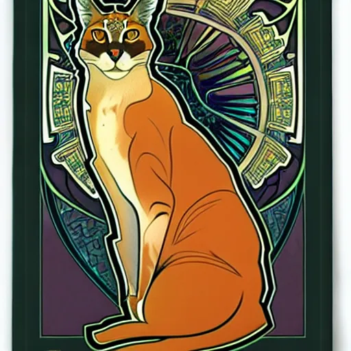 Prompt: A caracal cat by Alphonse Mucha and Julie Dillon