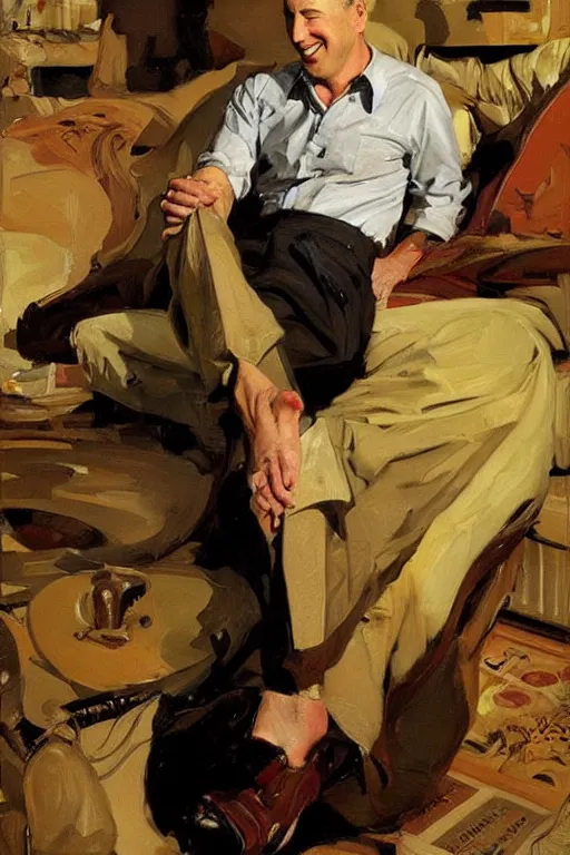 Prompt: bob odenkirk smiling surrounded by bare feet,'bare feet '!!!! painting by jc leyendecker!! phil hale!, angular, brush strokes, painterly, vintage, crisp