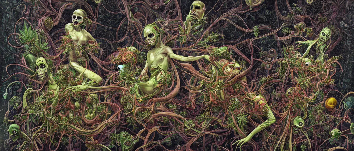 Prompt: cannabis paranoia, nightmare anomalies, event horizon, venus flytrap by dariusz zawadzki, kenneth blom, mental alchemy, james jean, pablo amaringo, naudline pierre, contemporary art, hyper detailed