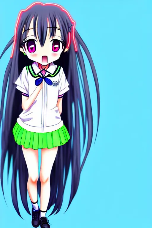 Prompt: full body anime portrait of a cute girl round eyes long hair dressed in a school uniform cinematic highly detailed 4 k neon anatomically correct