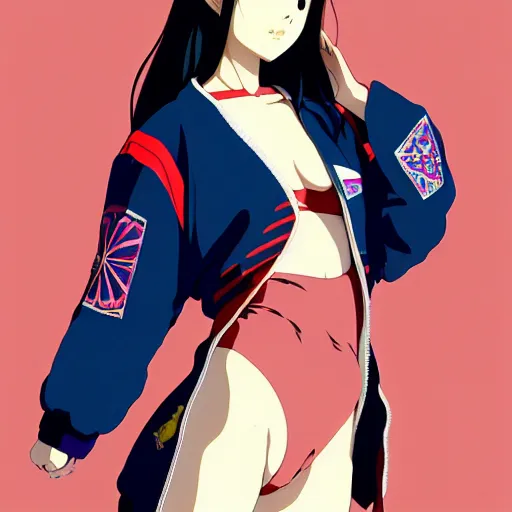 Image similar to a beautiful japanese natalie portman gravure model, wearing oversized native designer bomber jacket and leotard, bulky poofy bomber jacket with mesoamerican patterns, mesoamerican native street fashion, gapmoe yandere grimdark, trending on pixiv fanbox, painted by greg rutkowski makoto shinkai takashi takeuchi studio ghibli, akihiko yoshida