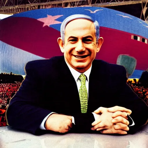 Image similar to portrait of Benjamin Netanyahu grinning and crossing arms, Hindenburg disaster in background, colored, rich vivid colors, official media, HQ