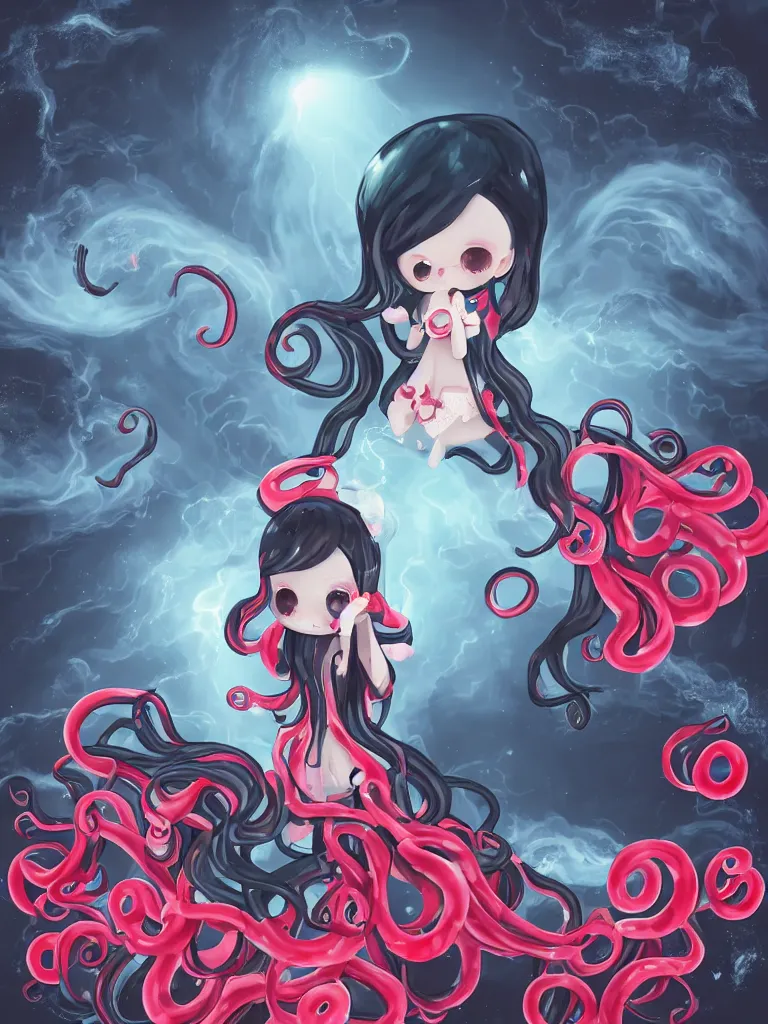 Prompt: cute fumo plush chibi gothic translucent octopus maiden alien girl combing her hair in the waves of the wavering dark galactic abyss, black and red dress with ribbons, ocean wave thunderstorm and reflective splashing water, black and white, ocean simulation, vignette, vray