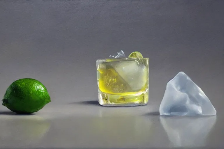 Image similar to award winning ultra - realistic!!! oil painting of an ice cube starting to melt in the forefront. it's surrounded by a lime wedge!!!! an empty bottle of tequila and fallen salt shaker. black!!! background