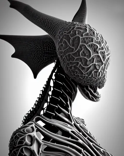 Prompt: a black and white 3D render of an elegant full figure young female angelic-dragon-cyborg with a very long neck, Mandelbrot fractal, anatomical, flesh, facial muscles, veins, arteries, full frame, microscopic, highly detailed, flesh ornate, elegant, high fashion, rim light, 150 mm lens, octane render in the style of H.R. Giger and Man Ray, Realistic, Refined, Digital Art, Highly Detailed, Cinematic Lighting, rim light, photo-realistic Unreal Engine, 8K