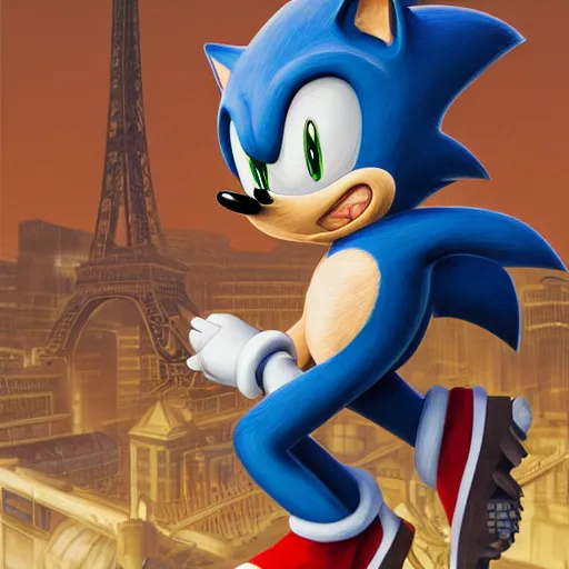 Image similar to [Sonic the hedgehog as the president of France as GTA character, propaganda, closeup, D&D, intricate, elegant, highly detailed, digital painting, artstation, concept art, matte, sharp focus, illustration, art by Artgerm and Greg Rutkowski and Alphonse Mucha and Enki Bilal]