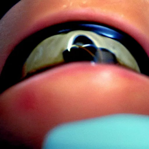 Prompt: filmic extreme close up shot movie still 4 k uhd interior 3 5 mm film color photograph of a scientist putting his hands into the mouth of a camouflaged solder in a lab in antarctica